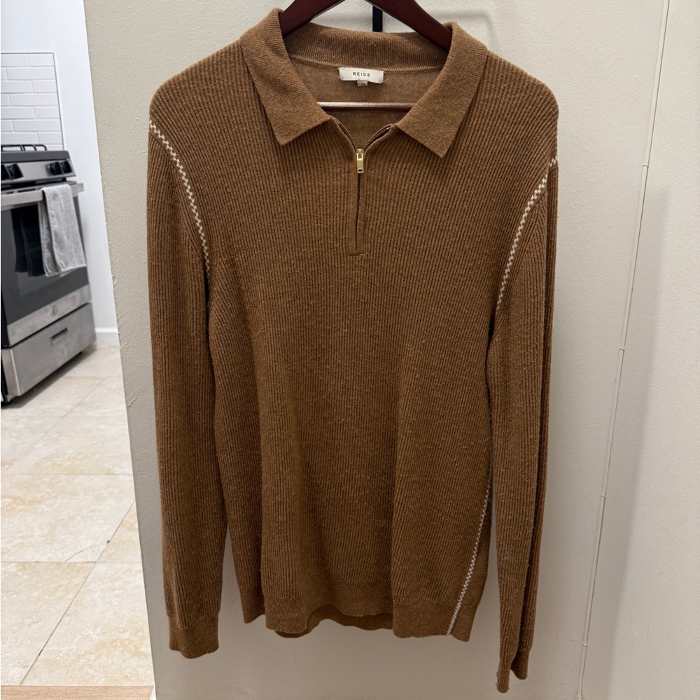 Reiss Brown Zip Up Sweater Classic Knit